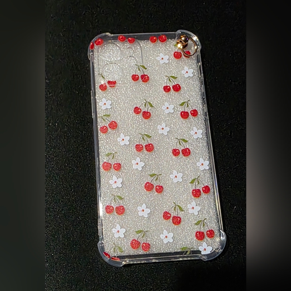 Cherry & Flower Case for iPhone 12 w/ build in ring for lanyard or charm - NEW